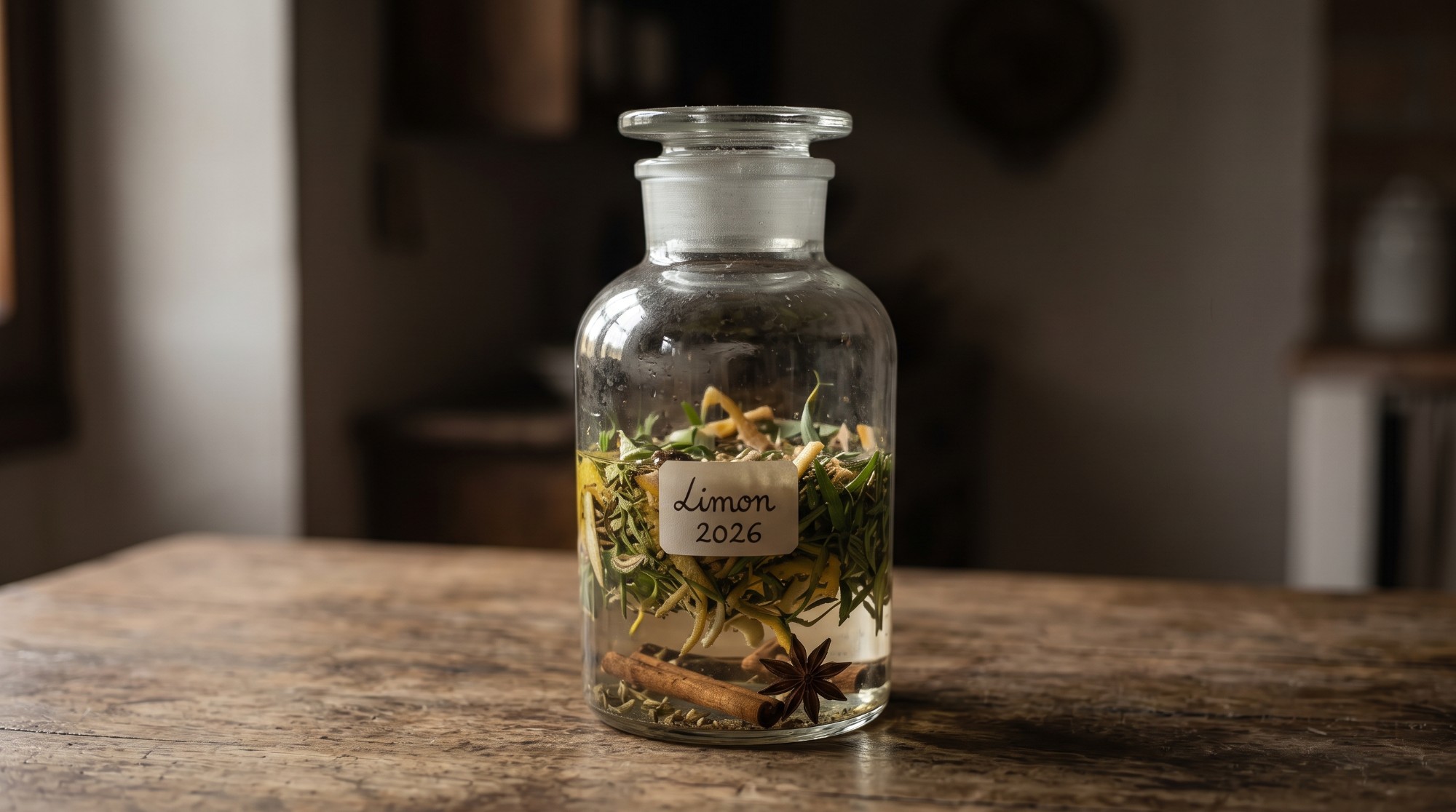 Barattolo di vetro con infusione di scorze di limone, rosmarino e spezie — liquore fatto in casa, Avellino 2026